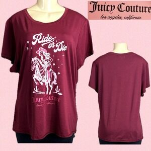 Juicy Couture Jrs+2X Wine Ride or Die Cowgirl Graphic Logo Crew Short Sleeve Tee